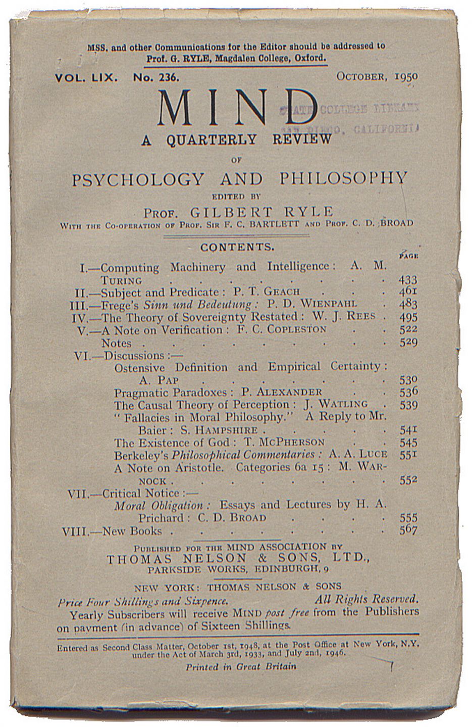 Computing Machinery and Intelligence | Alan Turing | 1st Edition